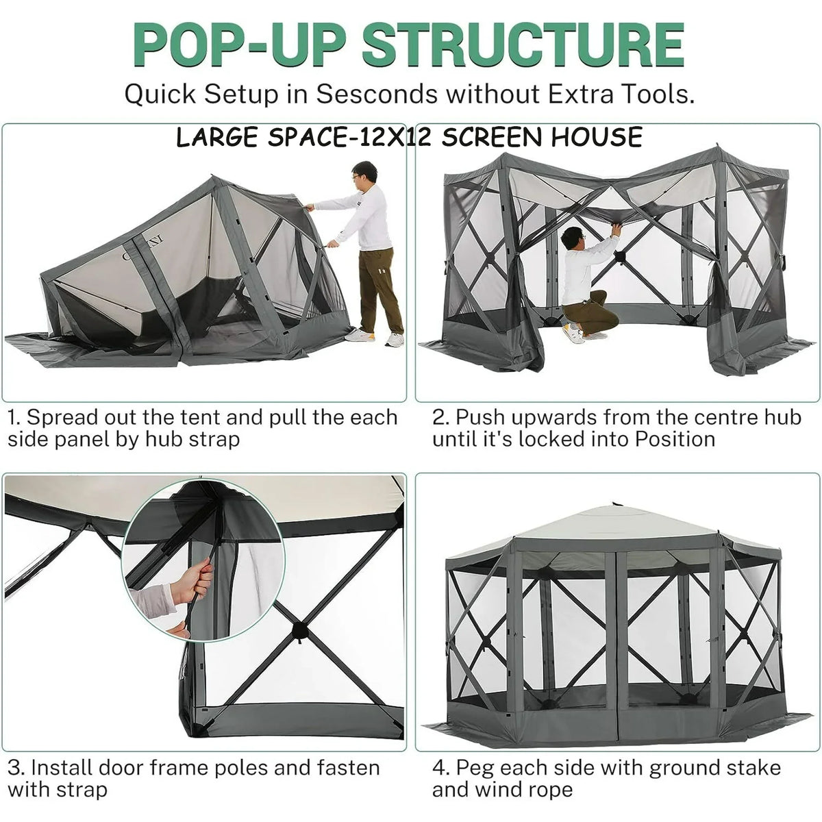 COBIZI 12x12 Pop Up Canopy Gazebo, Outdoor Canopy Tent Screen House with 5 sidewalls and Netting for Camping, Waterproof, UV Resistant, Ez Set-up Party Tent with Carrying Bag and Ground Stakes,Brown