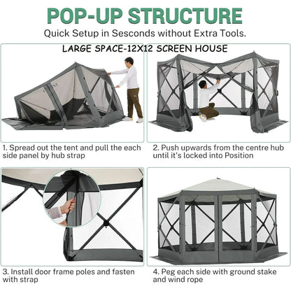 COBIZI 12x12 Pop Up Canopy Gazebo, Outdoor Canopy Tent Screen House with 5 sidewalls and Netting for Camping, Waterproof, UV Resistant, Ez Set-up Party Tent with Carrying Bag and Ground Stakes,Brown