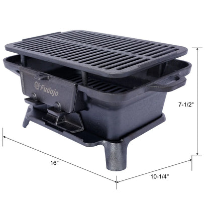 Hibachi Grill, 16" Portable Cast Iron Outdoor Tabletop Grill, Handled Mini Japanese BBQ Charcoal Stove, Small Durable Camping Cast Iron Grill with Grate Hook