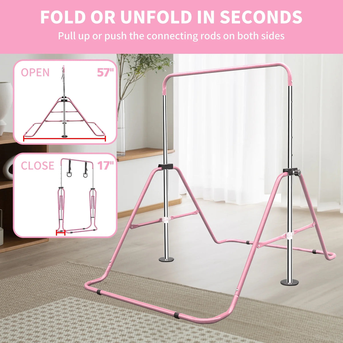 Expandable Gymnastics Bar for Kids - Height Adjustable Junior Training Bar for Home, Folding Gymnastic Horizontal Bars Equipment Pink