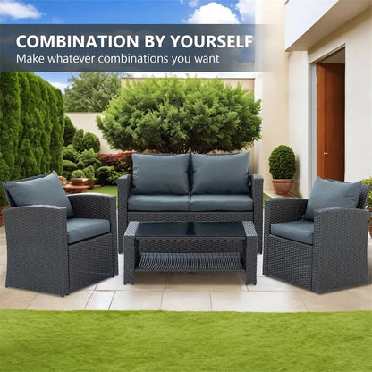 4 Pieces Patio Conversation Set, Outdoor Furniture Set with Cushion, Outside Sectional Rattan Wicker Sofa Furniture Set for Garden, Porch, Backyard, Gray
