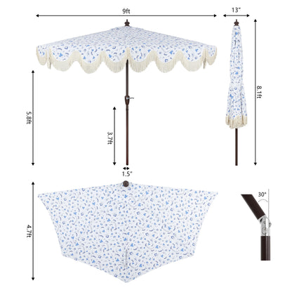 JONATHAN Y Beverly 9 ft. Half Market Patio Umbrella, Designer Classic Scalloped Fringe with Crank, Tilt Button and UV Protection, Blue/White/Cream, Dark Brown Pole