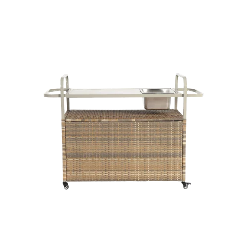 Yiweny Outdoor Rolling Wicker Bar Cart, Large Portable Outdoor Wicker Bar Table with Cabinet Storage and Glass Countertop, Patio Wicker Serving Bar Cart for Pool, Party, Backyard, Black