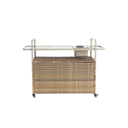 Yiweny Outdoor Rolling Wicker Bar Cart, Large Portable Outdoor Wicker Bar Table with Cabinet Storage and Glass Countertop, Patio Wicker Serving Bar Cart for Pool, Party, Backyard, Black