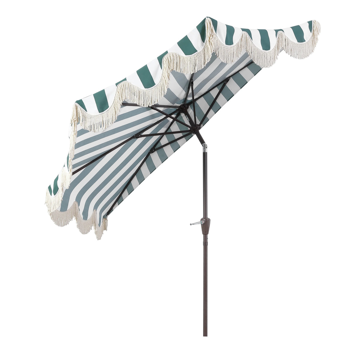 JONATHAN Y Beverly 9 ft. Half Market Patio Umbrella, Designer Classic Scalloped Fringe with Crank, Tilt Button and UV Protection, Blue/White/Cream, Dark Brown Pole