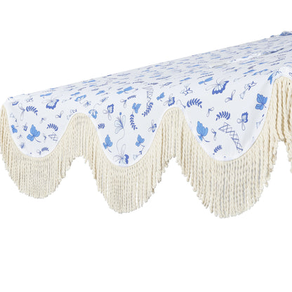 JONATHAN Y Beverly 9 ft. Half Market Patio Umbrella, Designer Classic Scalloped Fringe with Crank, Tilt Button and UV Protection, Blue/White/Cream, Dark Brown Pole