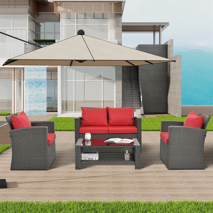 4 Pieces Patio Conversation Set, Outdoor Furniture Set with Cushion, Outside Sectional Rattan Wicker Sofa Furniture Set for Garden, Porch, Backyard, Gray
