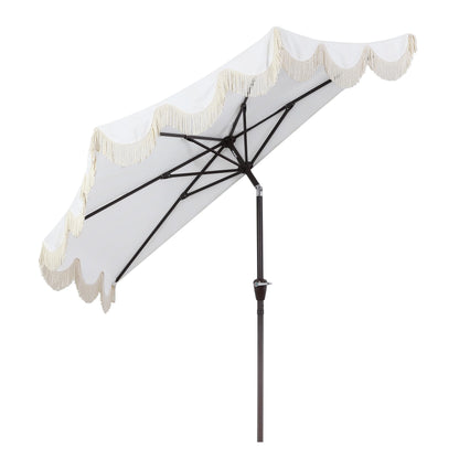 JONATHAN Y Beverly 9 ft. Half Market Patio Umbrella, Designer Classic Scalloped Fringe with Crank, Tilt Button and UV Protection, Blue/White/Cream, Dark Brown Pole