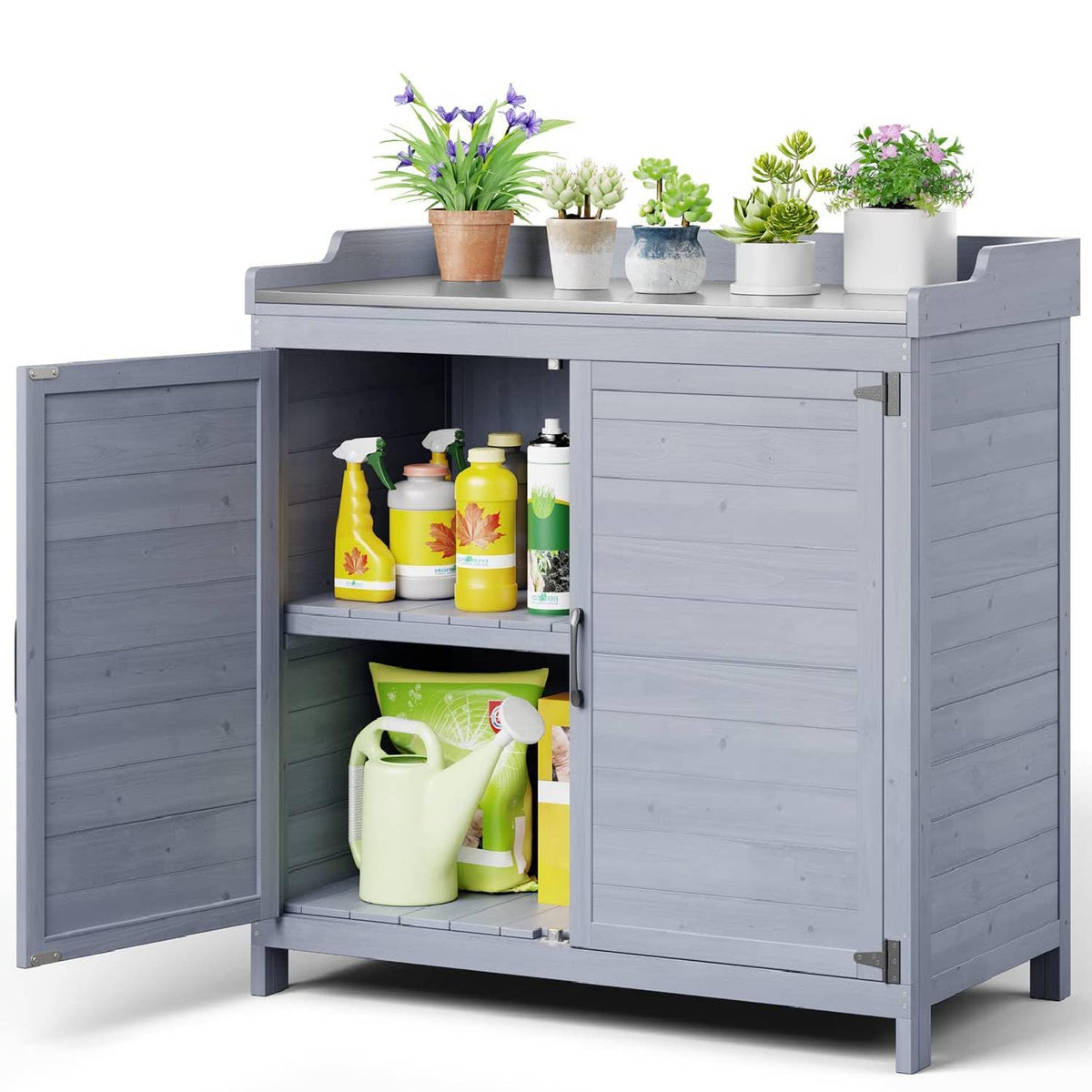 Lofka Outdoor Storage Cabinet, Outdoor Potting Bench Table with Removable Shelves for Yard, Garden,  Waterproof Wood