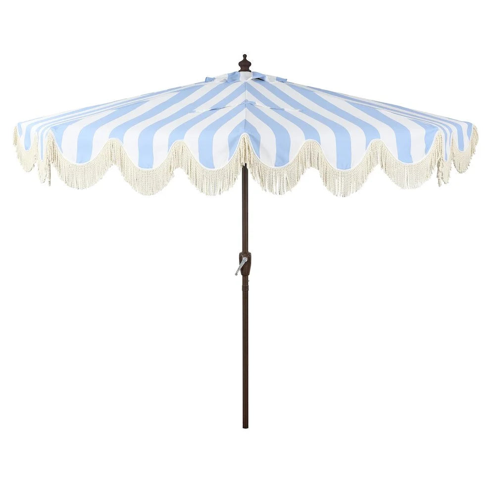 JONATHAN Y Beverly 9 ft. Half Market Patio Umbrella, Designer Classic Scalloped Fringe with Crank, Tilt Button and UV Protection, Blue/White/Cream, Dark Brown Pole