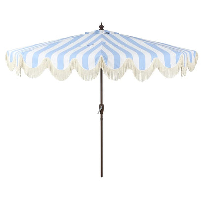 JONATHAN Y Beverly 9 ft. Half Market Patio Umbrella, Designer Classic Scalloped Fringe with Crank, Tilt Button and UV Protection, Blue/White/Cream, Dark Brown Pole
