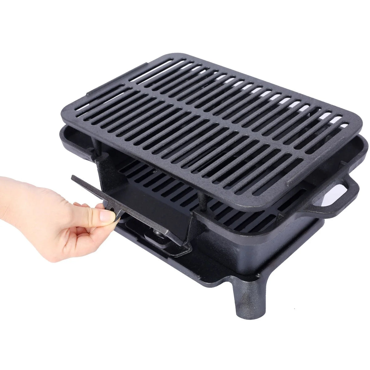 Hibachi Grill, 16" Portable Cast Iron Outdoor Tabletop Grill, Handled Mini Japanese BBQ Charcoal Stove, Small Durable Camping Cast Iron Grill with Grate Hook
