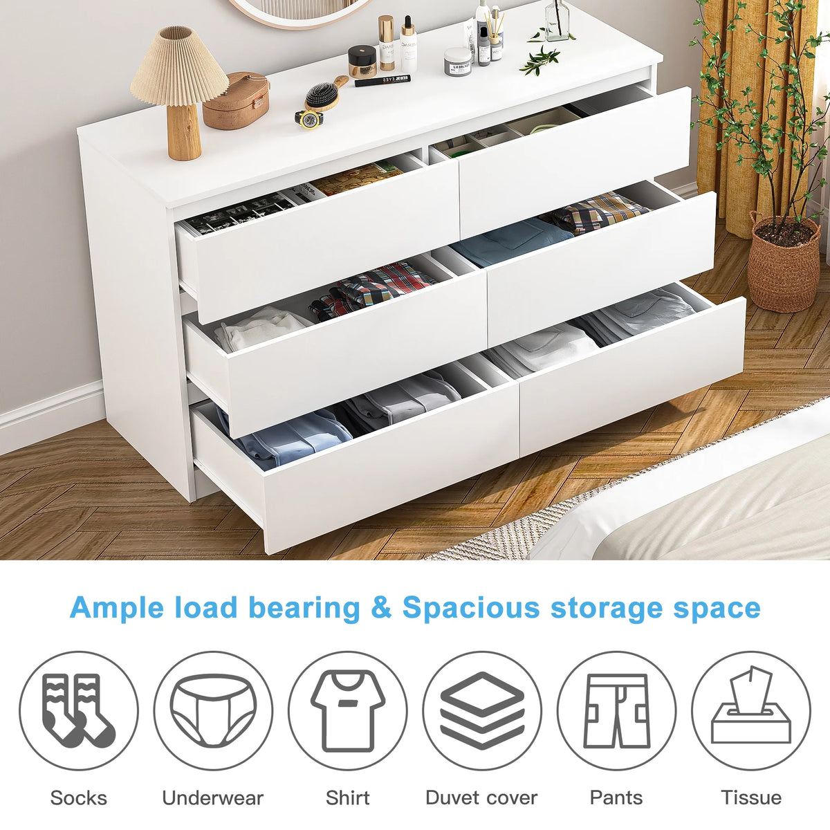 Kadyn White Chest of Drawer, 6 Double Drawer Dresser for Bedroom, Modern Storage Cabinet for Living Room, Dresser