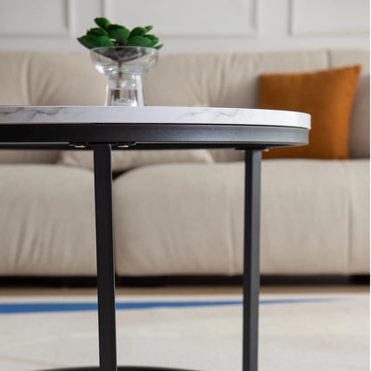 SYNGAR 2 Pieces Modern Nesting Coffee Table, Round Cocktail Table with Marble Grain and Metal Frame, Easy to Assemble, Living Room Center Table Sofa Side Table Can be Used Individually, Black