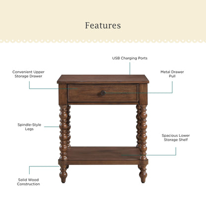 Pioneer Woman Harper Spindle Nightstand with USB Charging Ports, Adults and Teens, White Finish