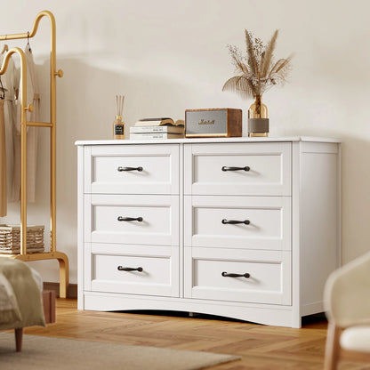 6 Drawer White Dresser,Lofka Modern Wood Double Chest, Versatile Dressers for Bedroom Office Living Room