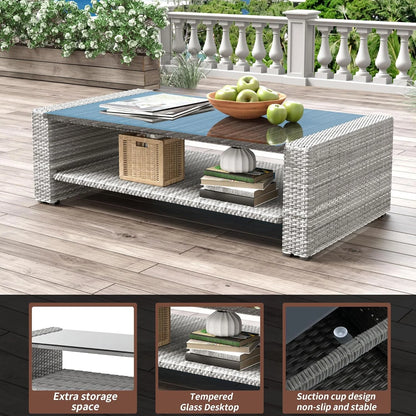 4 Pieces Patio Conversation Set, Outdoor Furniture Set with Cushion, Outside Sectional Rattan Wicker Sofa Furniture Set for Garden, Porch, Backyard, Gray