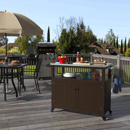 Outdoor Prep Table Grill Station, Solid Wood Movable Dining Cart Table, Dark Brown