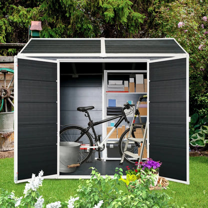 8x4 FT Outdoor Storage Shed with Floor, Resin Garden Sheds with Lockable Door, Vents & Windows, Weather Resistant Tool Shed with Sloped Roof for Backyard Patio, Grey
