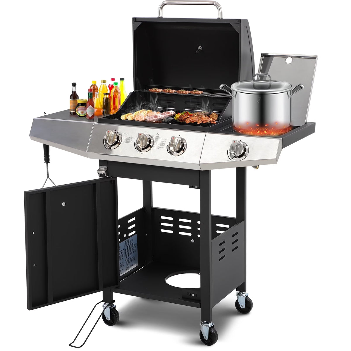 4-Burner Gas Grill with 4 Universal Wheels & Bottle Opener, 40000BTU Outdoor Grill with Side Table for Camping, Black & Sliver