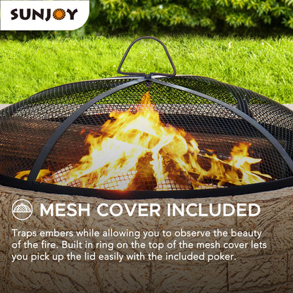 Sunjoy Stone Fire Pit 26 Inch, Outdoor Round Wood Burning Fire Pits with Spark Screen and Poker  Grey