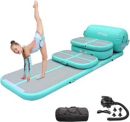 Gymnastics Mat Set 10FT Inflatable Tumbling Mat, 39*24 inch Air Roller Gymnastics Barrel and 3 Air Block with 800W Air Pump for Training Cheerleading Home Use Yoga and Water Use