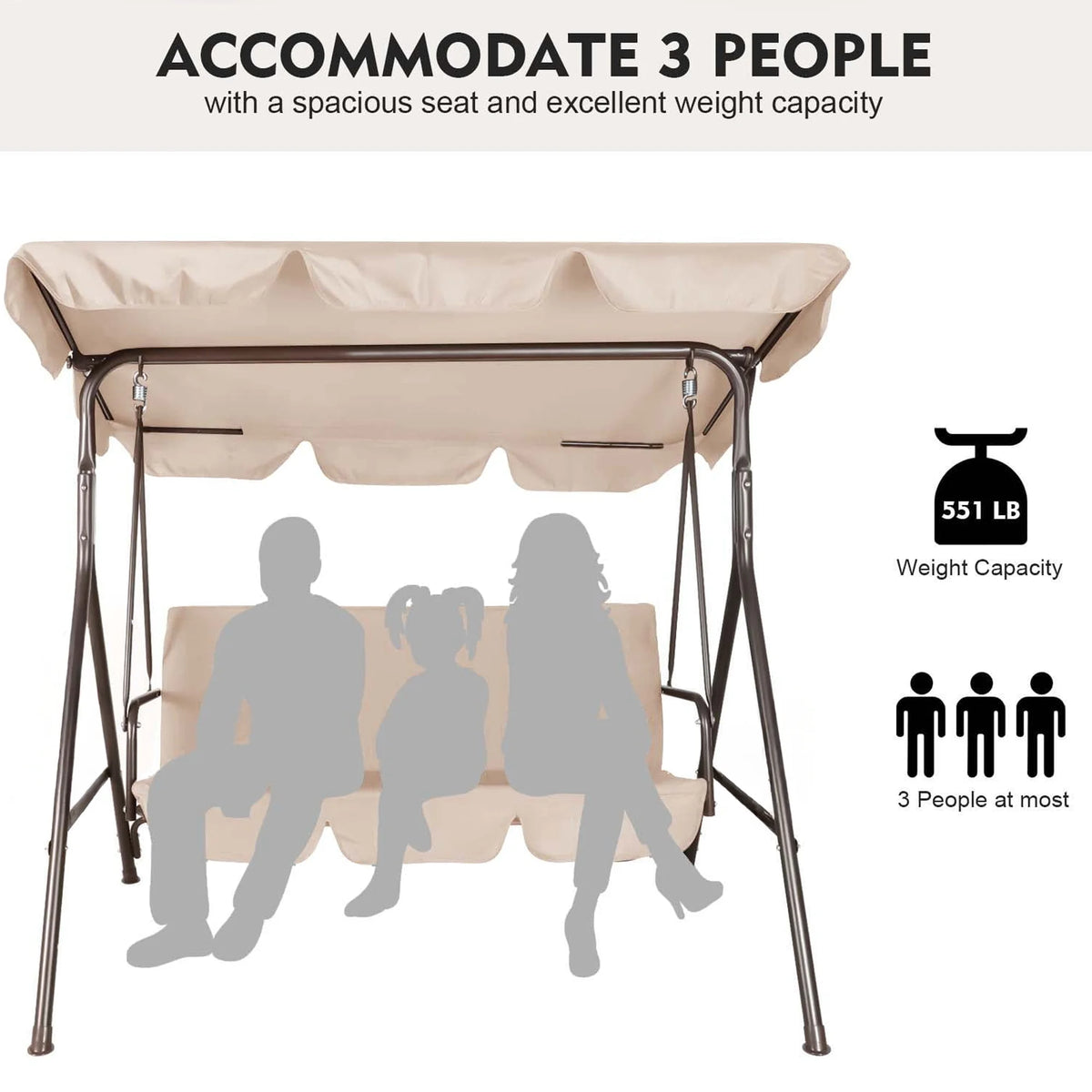 GVDV 3-Seat Steel Porch Paito Swing with Stand,Outdoor Swing Chair with Canopy,Yard swing&Outside swing,Canopy Swing-Brown