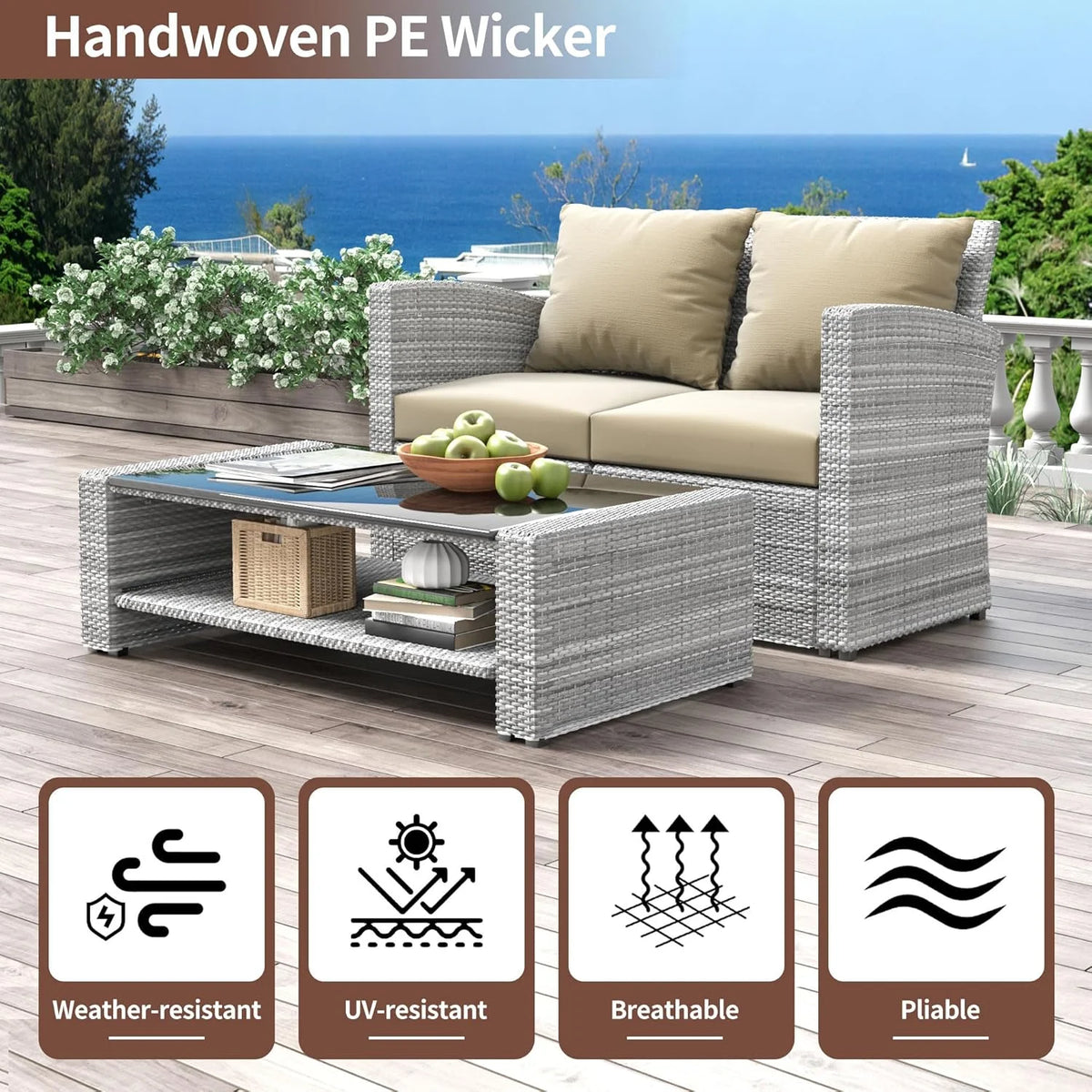 4 Pieces Patio Conversation Set, Outdoor Furniture Set with Cushion, Outside Sectional Rattan Wicker Sofa Furniture Set for Garden, Porch, Backyard, Gray