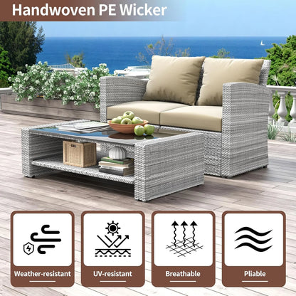 4 Pieces Patio Conversation Set, Outdoor Furniture Set with Cushion, Outside Sectional Rattan Wicker Sofa Furniture Set for Garden, Porch, Backyard, Gray