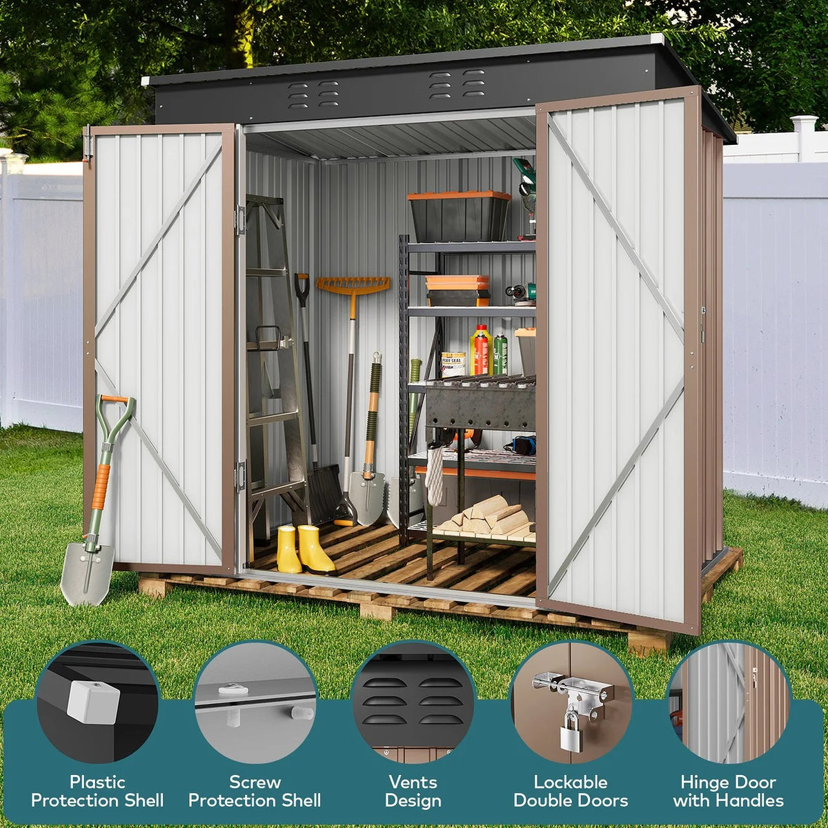 Lofka 6ft x 4ft Outdoor Storage Shed, Metal Garden Shed,Brown