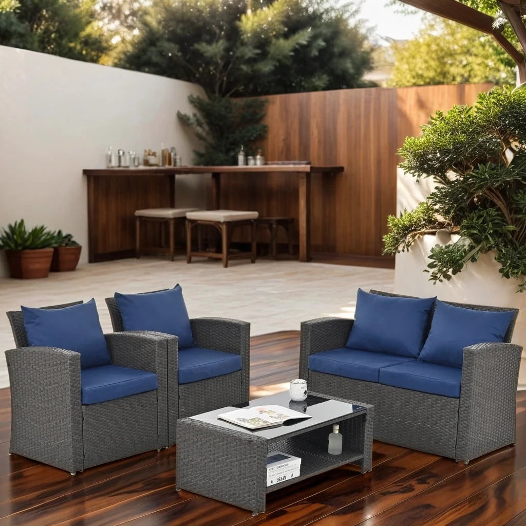 4 Pieces Patio Conversation Set, Outdoor Furniture Set with Cushion, Outside Sectional Rattan Wicker Sofa Furniture Set for Garden, Porch, Backyard, Gray