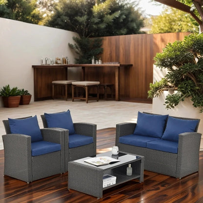 4 Pieces Patio Conversation Set, Outdoor Furniture Set with Cushion, Outside Sectional Rattan Wicker Sofa Furniture Set for Garden, Porch, Backyard, Gray