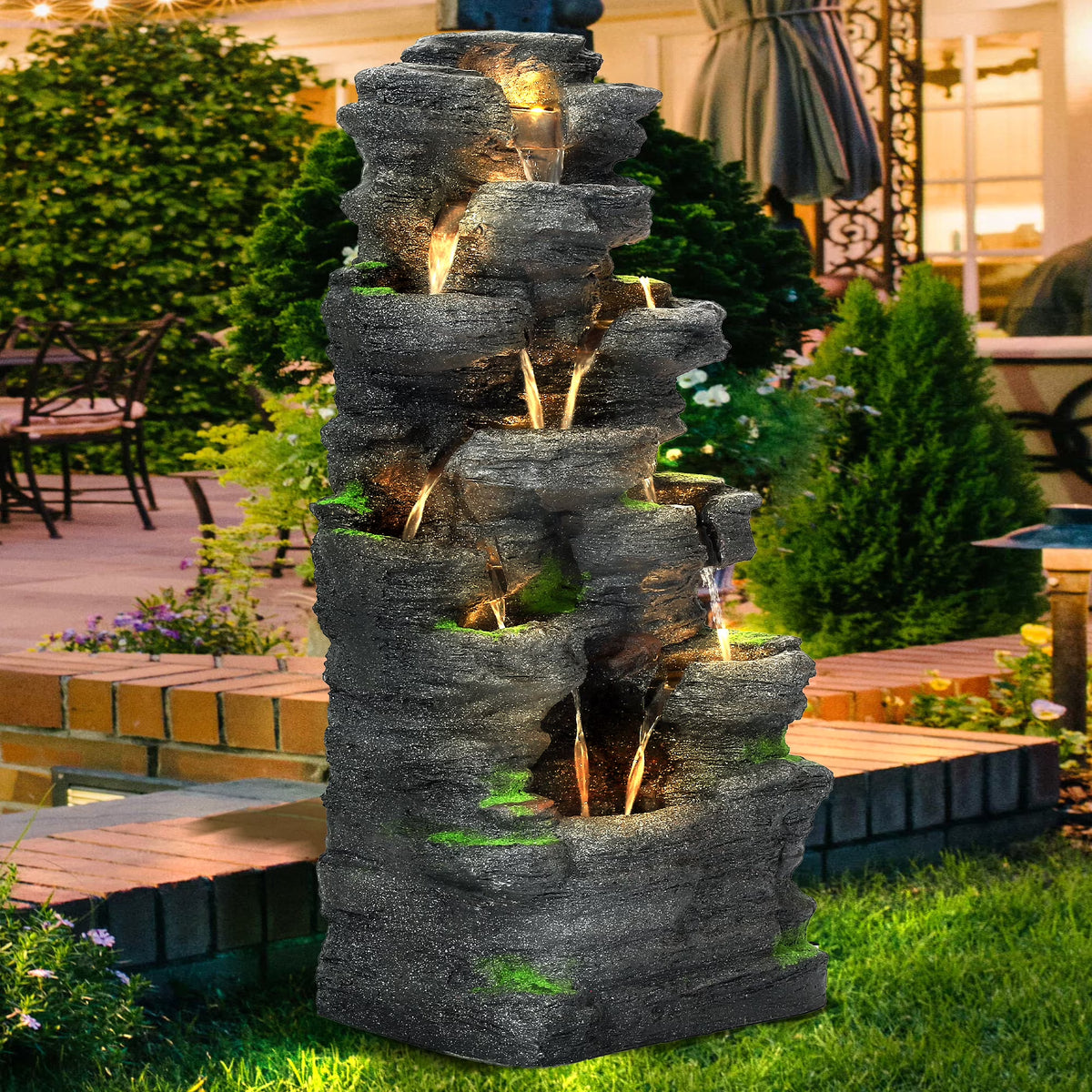 Magic Union 7-Tier Cascading Rock Water Fountain, 24" H Outdoor Freestanding Fountain with LED Lights and Pump, Outdoor Garden Waterfall Decor for Patio, Yard and Deck Decor, Natural Stone Look