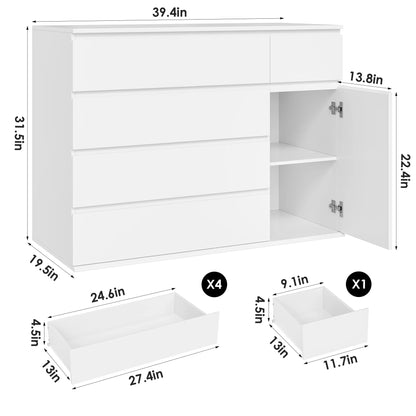Homfa 5 Drawer White Dresser with Door, Modern Accent Storage Cabinet Chests of Drawers for Bedroom Living Room