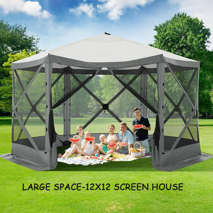COBIZI 12x12 Pop Up Canopy Gazebo, Outdoor Canopy Tent Screen House with 5 sidewalls and Netting for Camping, Waterproof, UV Resistant, Ez Set-up Party Tent with Carrying Bag and Ground Stakes,Brown