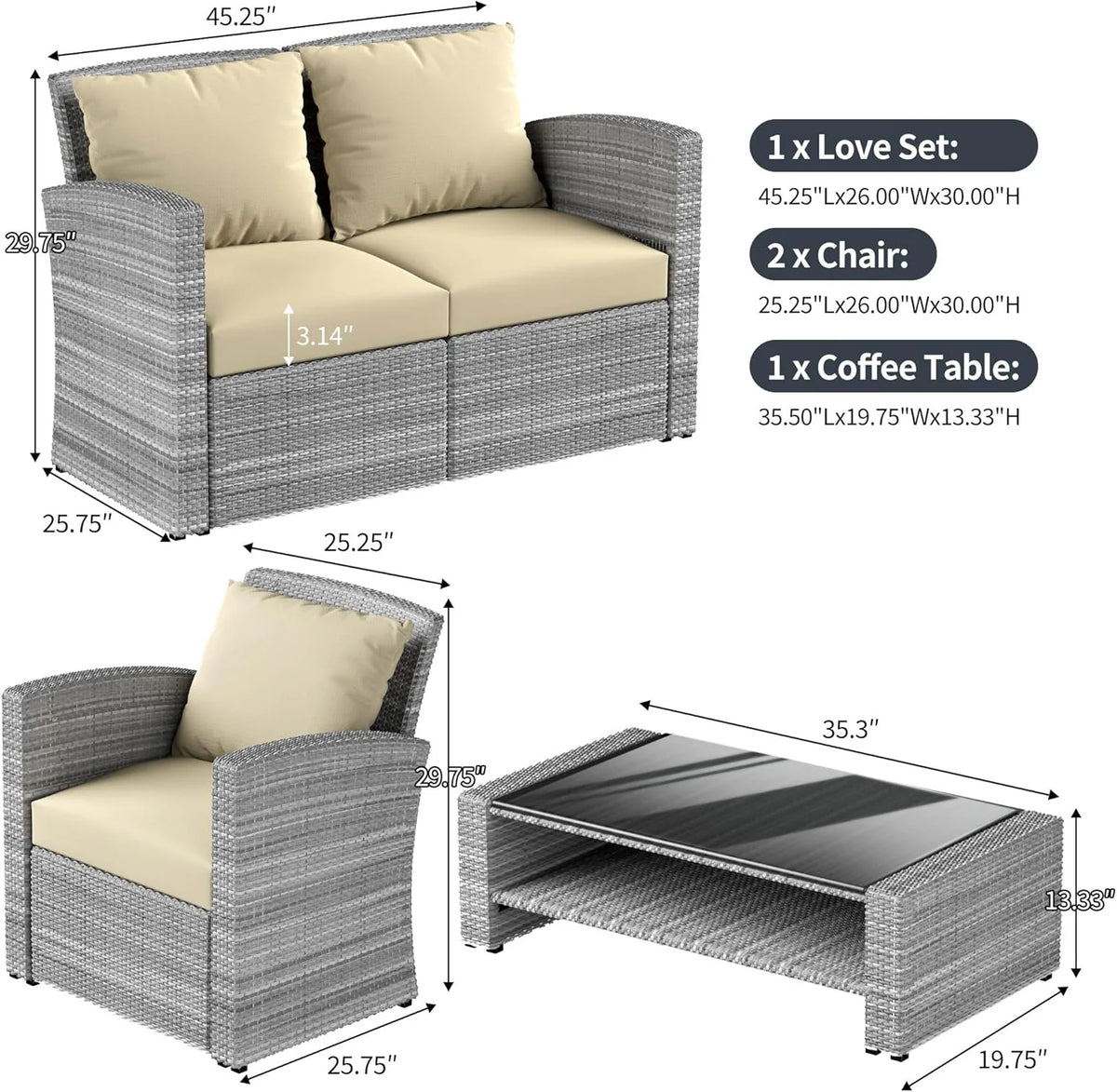 4 Pieces Patio Conversation Set, Outdoor Furniture Set with Cushion, Outside Sectional Rattan Wicker Sofa Furniture Set for Garden, Porch, Backyard, Gray