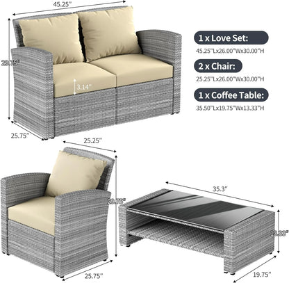 4 Pieces Patio Conversation Set, Outdoor Furniture Set with Cushion, Outside Sectional Rattan Wicker Sofa Furniture Set for Garden, Porch, Backyard, Gray