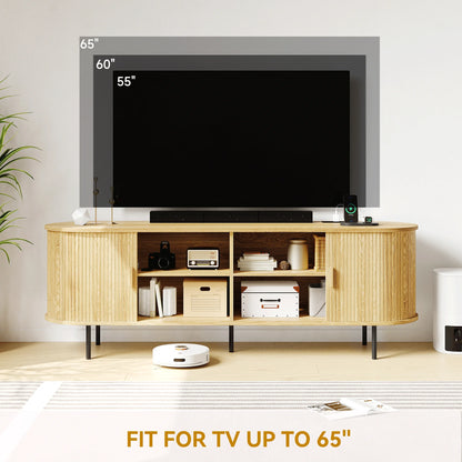 MARNUR 63" TV Stand for 70" TV, Wood Entertainment Center with Storage and Shelves, 2 Sliding Tambour Doors, Mid-Century Modern, Walnut