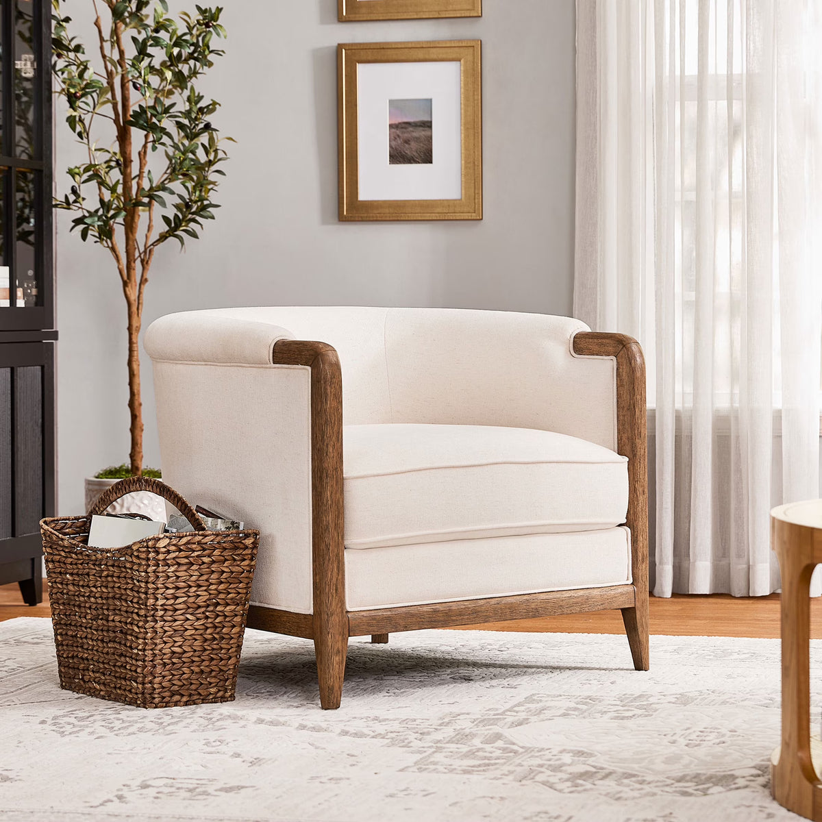 My Texas House Campbell Wood Accent Chair, Cream Fabric