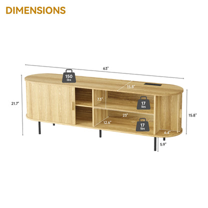 MARNUR 63" TV Stand for 70" TV, Wood Entertainment Center with Storage and Shelves, 2 Sliding Tambour Doors, Mid-Century Modern, Walnut