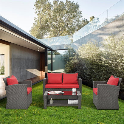4 Pieces Patio Conversation Set, Outdoor Furniture Set with Cushion, Outside Sectional Rattan Wicker Sofa Furniture Set for Garden, Porch, Backyard, Gray