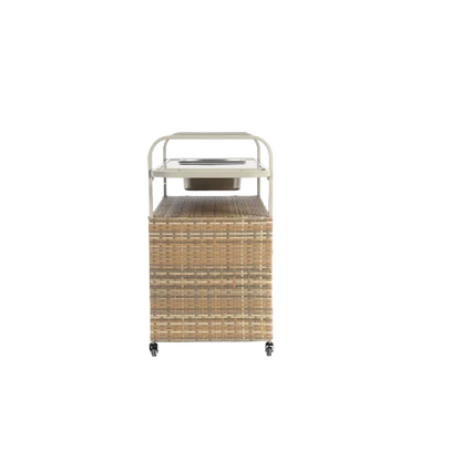 Yiweny Outdoor Rolling Wicker Bar Cart, Large Portable Outdoor Wicker Bar Table with Cabinet Storage and Glass Countertop, Patio Wicker Serving Bar Cart for Pool, Party, Backyard, Black
