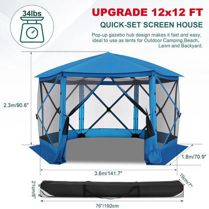 COBIZI 12x12 Pop Up Canopy Gazebo, Outdoor Canopy Tent Screen House with 5 sidewalls and Netting for Camping, Waterproof, UV Resistant, Ez Set-up Party Tent with Carrying Bag and Ground Stakes,Brown