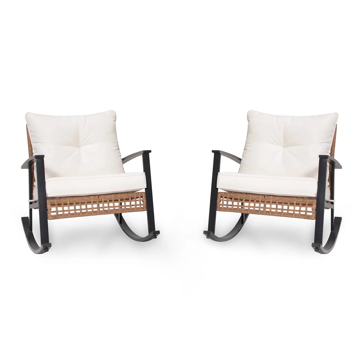 LAUSAINT HOME Outdoor Rocking Chair, Patio PE Rattan Chair with Beige Cushions
