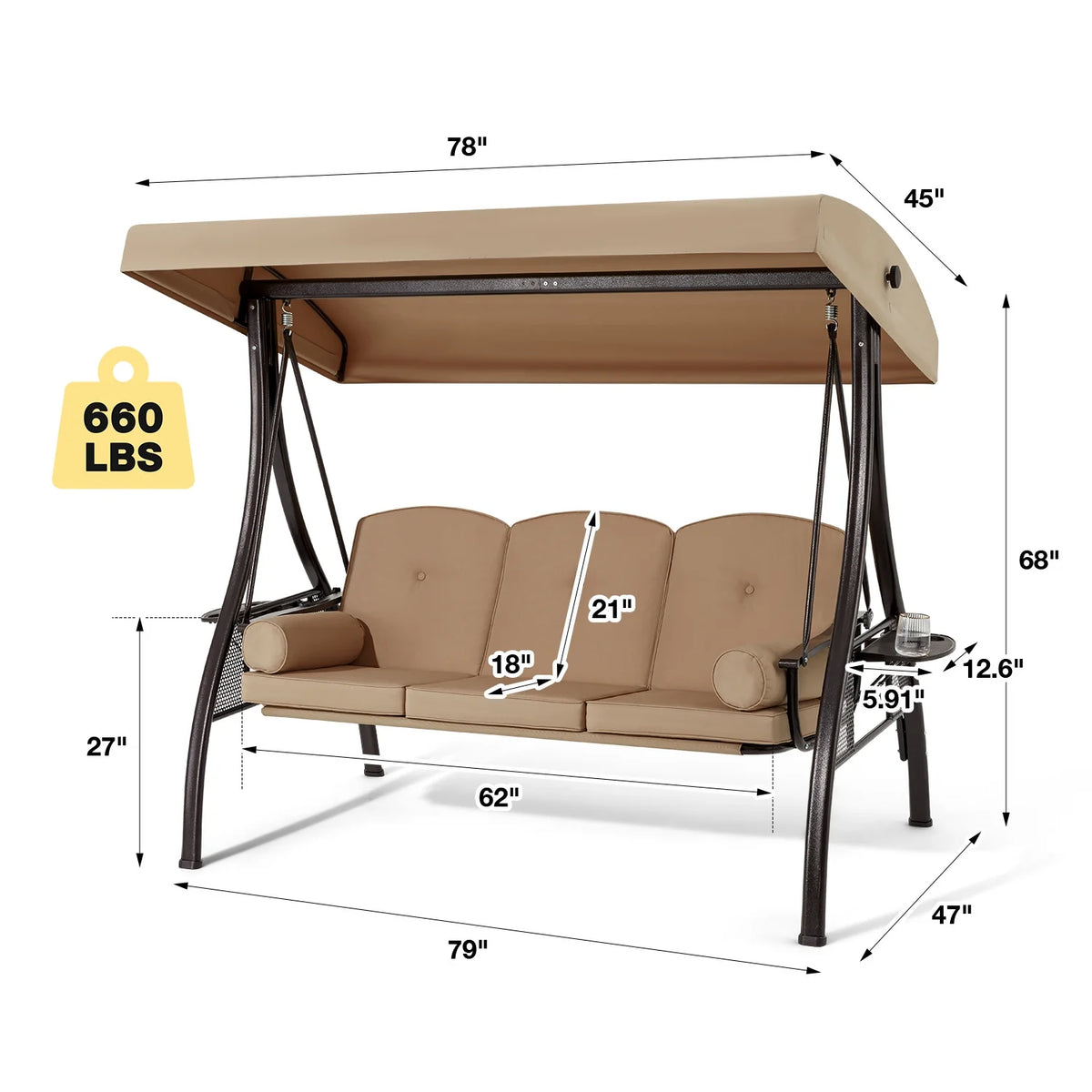 Homrest 3 Person Patio Outdoor Porch Swing with Adjustable Canopy, Backrest, Swing Bed with Stand for Garden,Deck