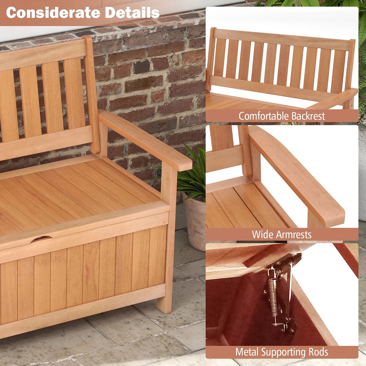 Gymax 48'' Storage Bench Wood Loveseat w/ Slatted Backrest for Backyard Patio