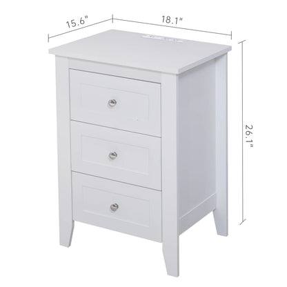 Glavbiku Modern White 3 Drawer Nightstand Set of 2 with USB Ports & Power Outlets for Bedrooms,Adult