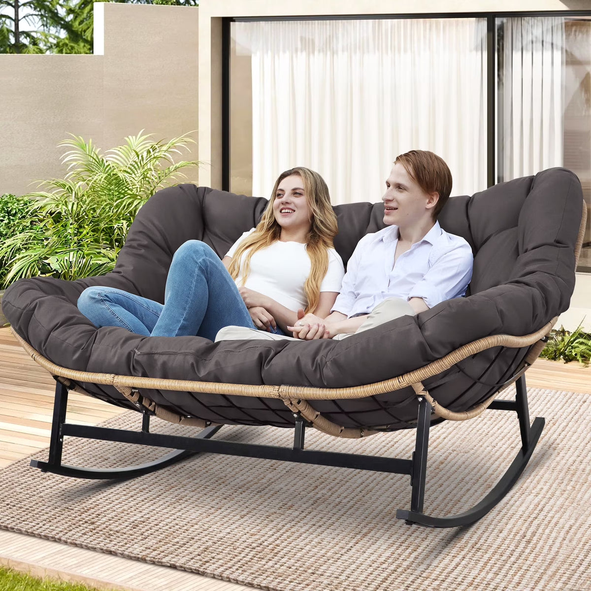 RADIATA Beige Double Outdoor Rocking Chair, 2 Person Patio Rocking Egg Chair with Thick Cushion