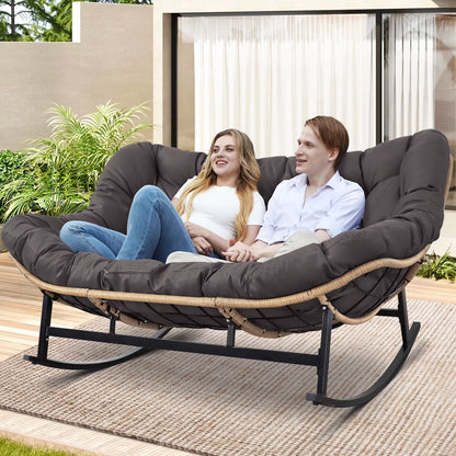 RADIATA Beige Double Outdoor Rocking Chair, 2 Person Patio Rocking Egg Chair with Thick Cushion