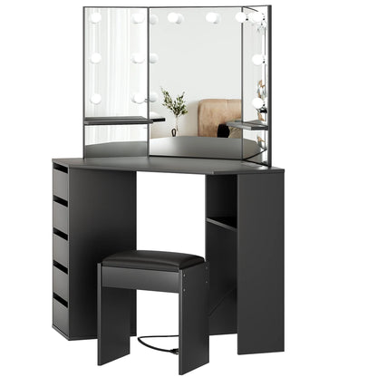 Danolapsi Corner Makeup Vanity Desk with Mirror and Lights,Bedroom Vanity Table with Lighted Mirror 5 Sliding Drawers and Storage Shelf for Women Girls(ship in 2 boxes)